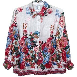 Cynthia Rowley Floral Peasant Button Down Blouse 1X White Linen Bishop‎ Sleeve